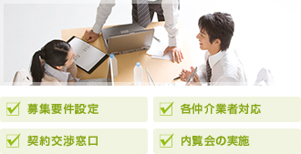 募集用件設定　各仲介業者対応　契約交渉窓口　内覧会の実施